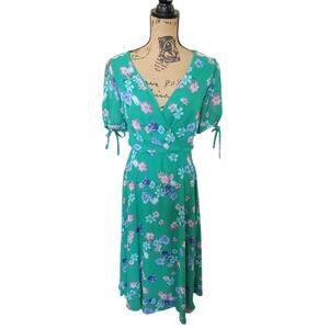Size 10 Jessica Howard Green Pink & Blue Floral Faux Wrap Midi Dress